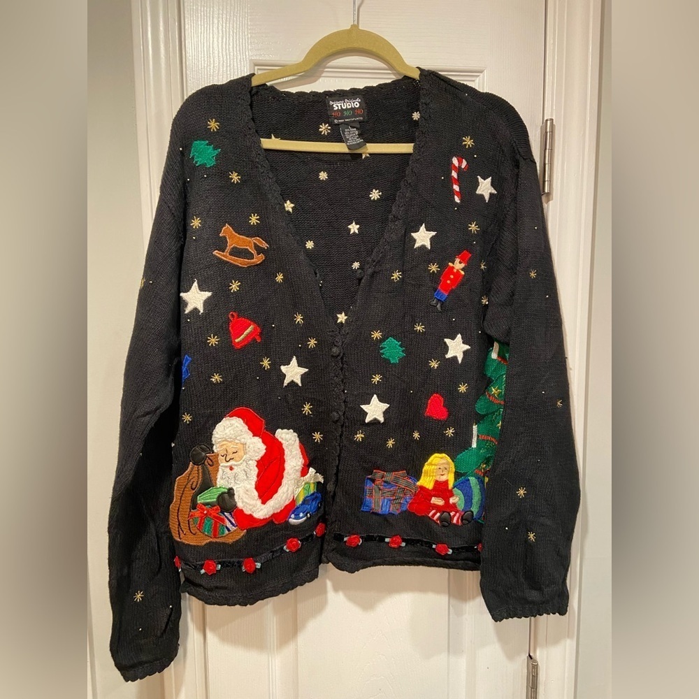 VTG Designers Originals Size L Christmas Sweater Santa Appliqué Ramie Cotton 90s